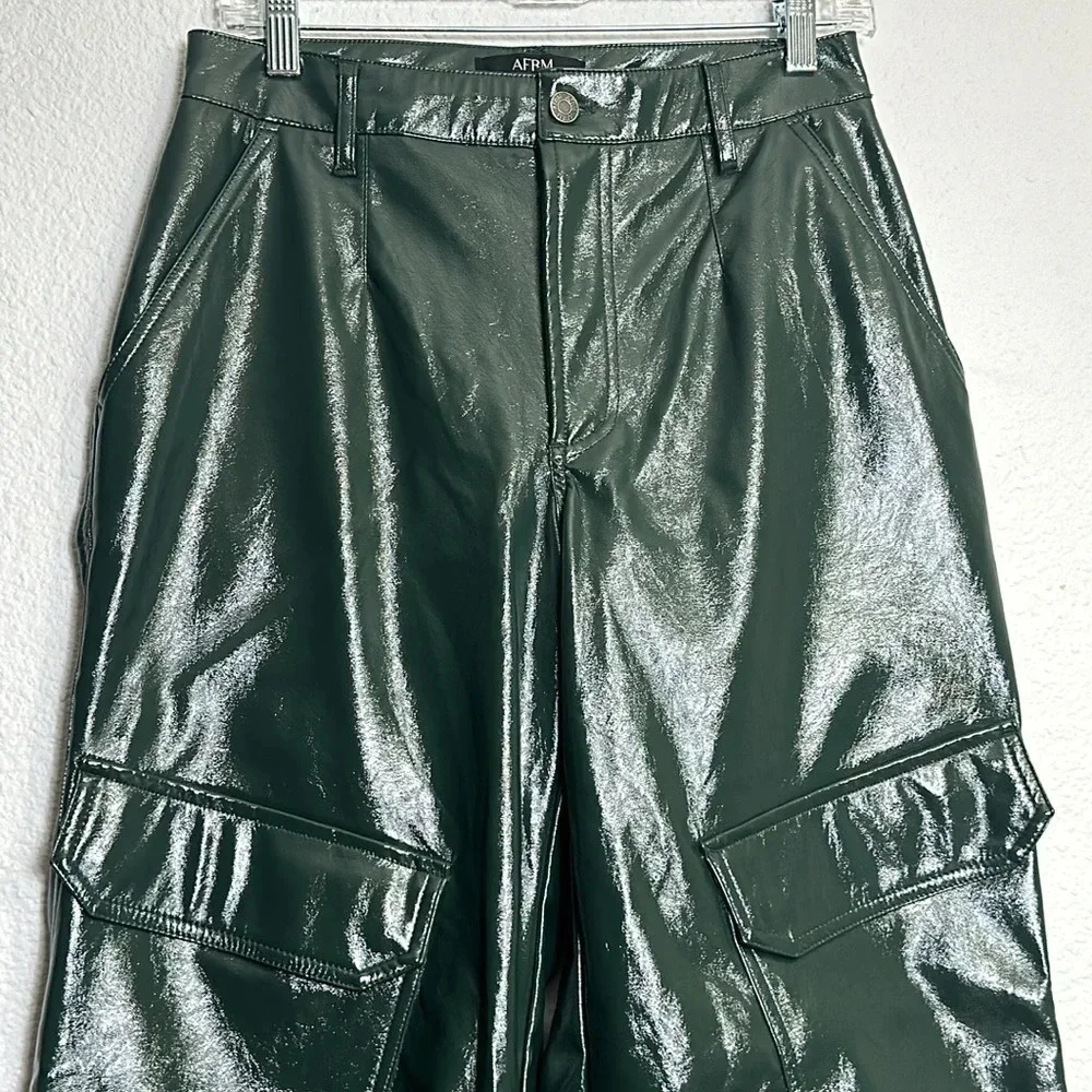 AFRM Wynn Wide Leg Pants Faux Leather Womens Size 25 High Waist Dark Green